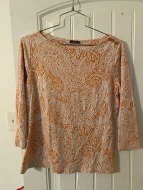 J.McLaughlin Cream and Orange Paisley Boatneck Top